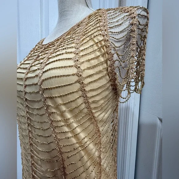 Vintage Gold Mesh Golden Beaded Overlay size L - Picture 5 of 11